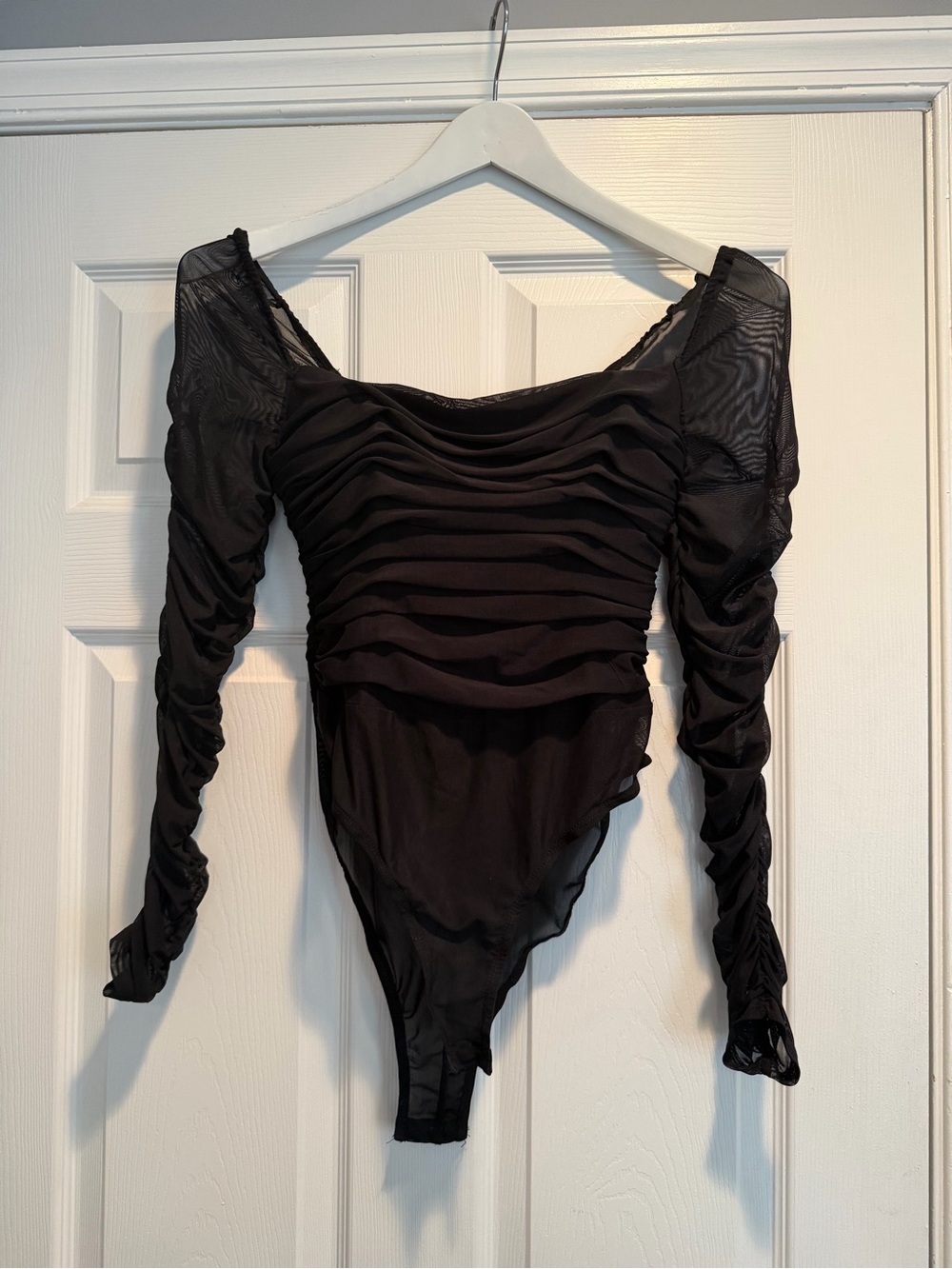 Princess Polly Black Ruched Mesh Long Sleeve Bodysuit